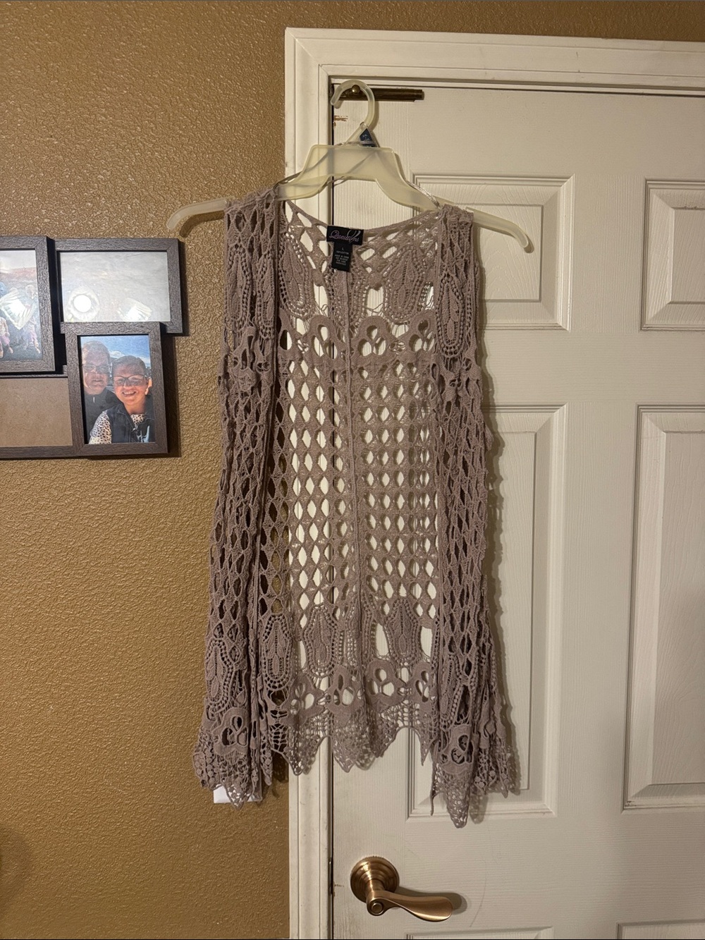 Crocheted Openwork Sleeveless Vest in Taupe